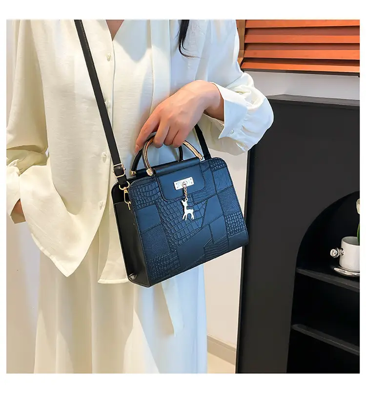 Women's Light Blue Croc Texture Shoulder Bag with Keychain — feature 18