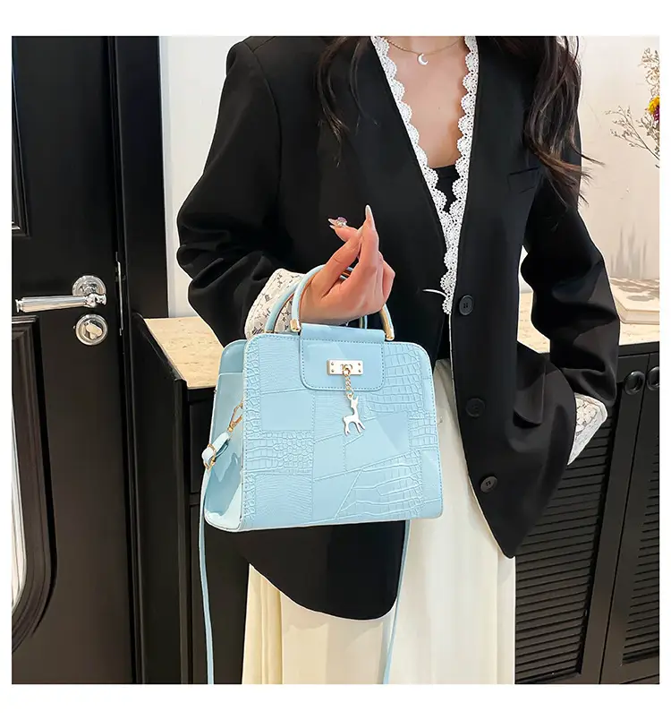 Women's Light Blue Croc Texture Shoulder Bag with Keychain — feature 19