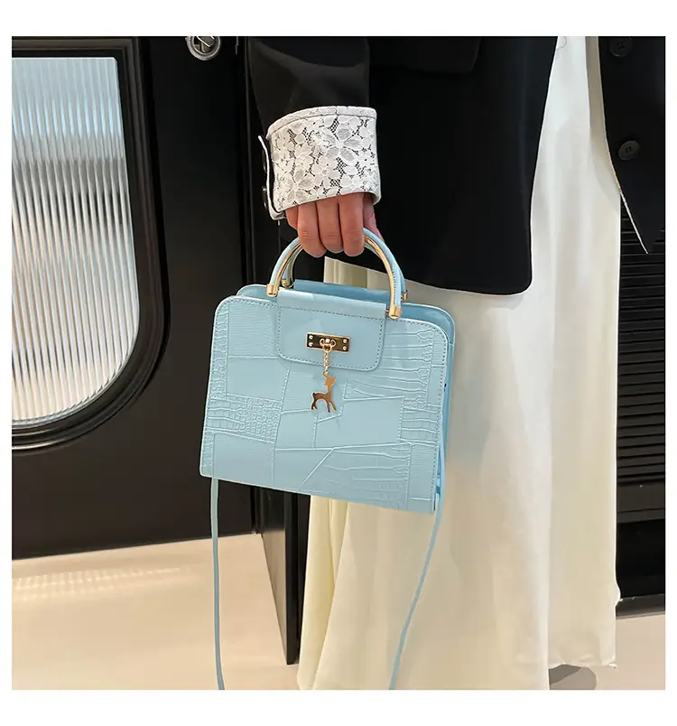 Women's Light Blue Croc Texture Shoulder Bag with Keychain — feature 20
