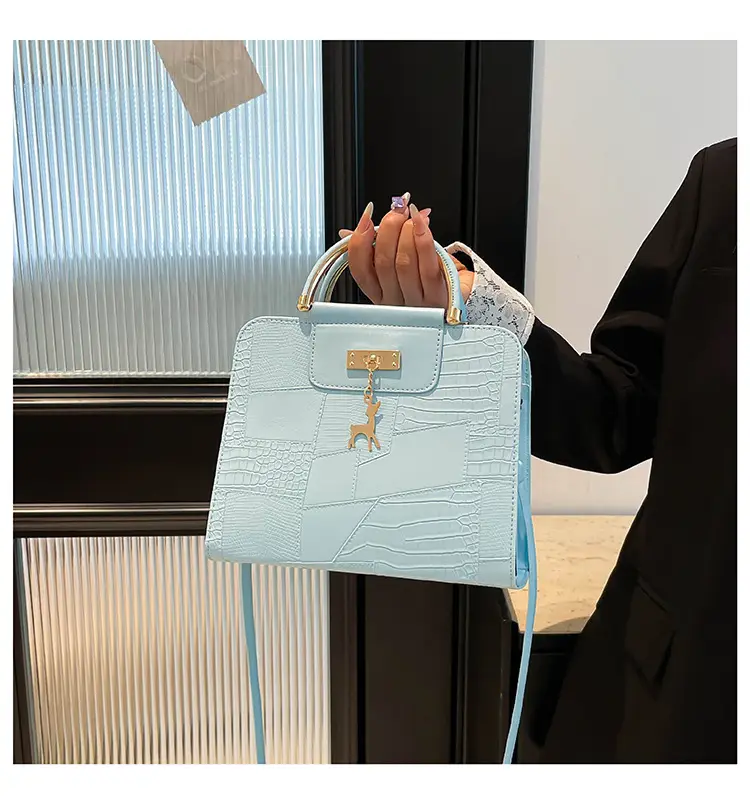 Women's Light Blue Croc Texture Shoulder Bag with Keychain — feature 21