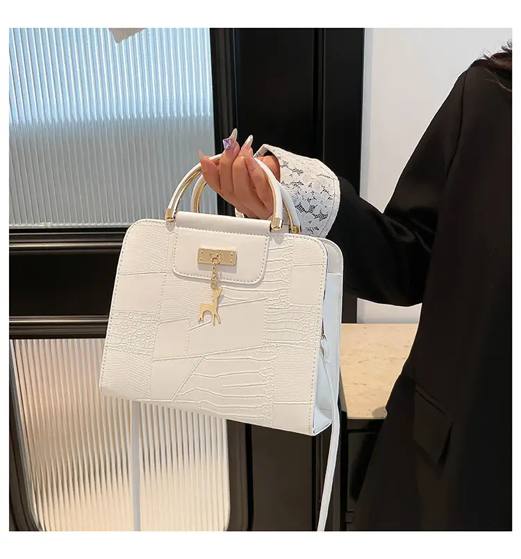 Women's Light Blue Croc Texture Shoulder Bag with Keychain — feature 24