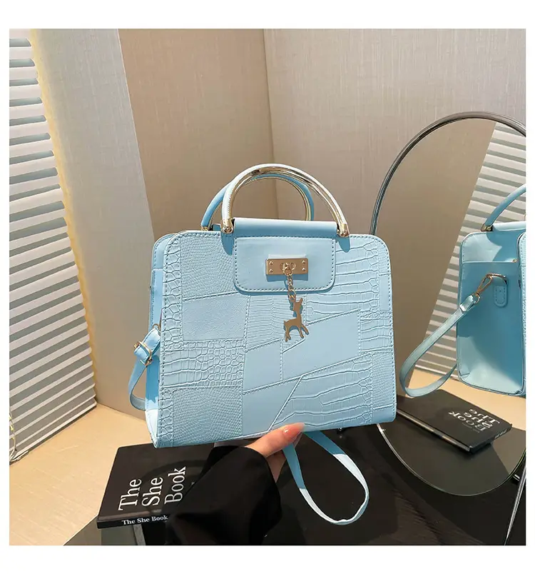 Women's Light Blue Croc Texture Shoulder Bag with Keychain — feature 26