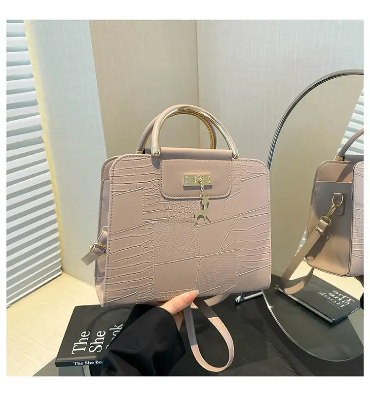 Women's Light Blue Croc Texture Shoulder Bag with Keychain — feature 28