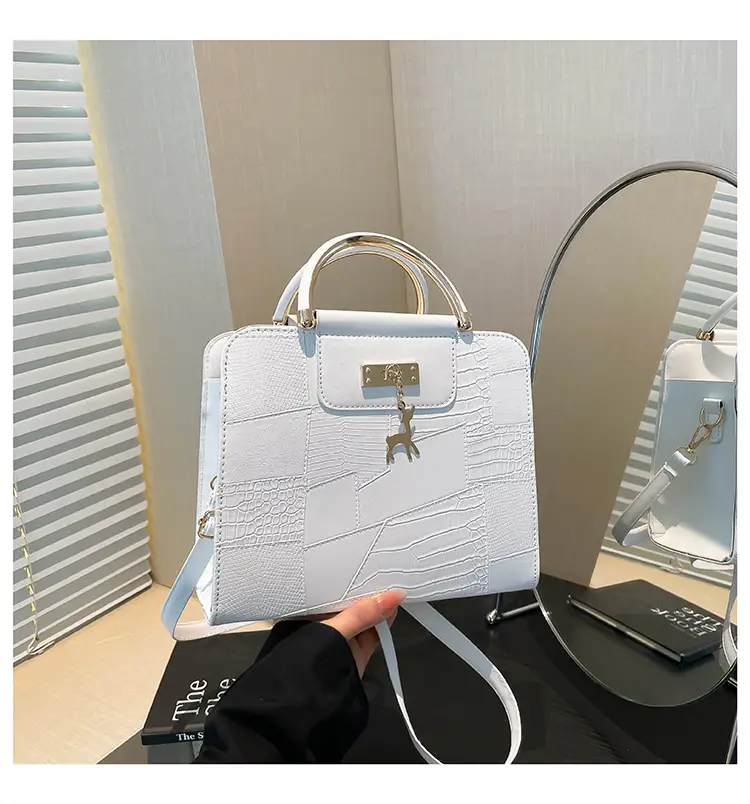 Women's Light Blue Croc Texture Shoulder Bag with Keychain — feature 30