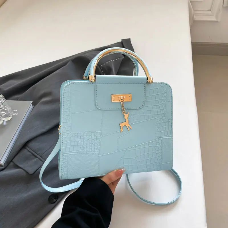 Women's Light Blue Croc Texture Shoulder Bag with Keychain - Image 2