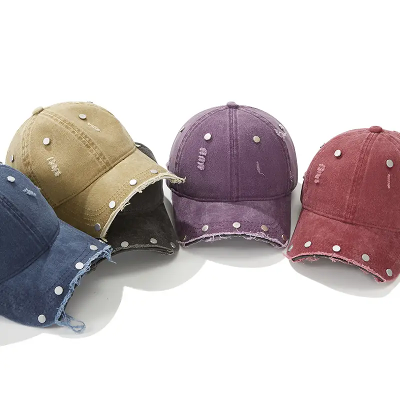 Purple Distressed Brim Baseball Cap with Rivets - Image 5
