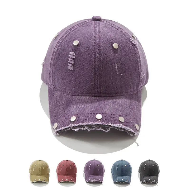 Purple Distressed Brim Baseball Cap with Rivets - Image 6