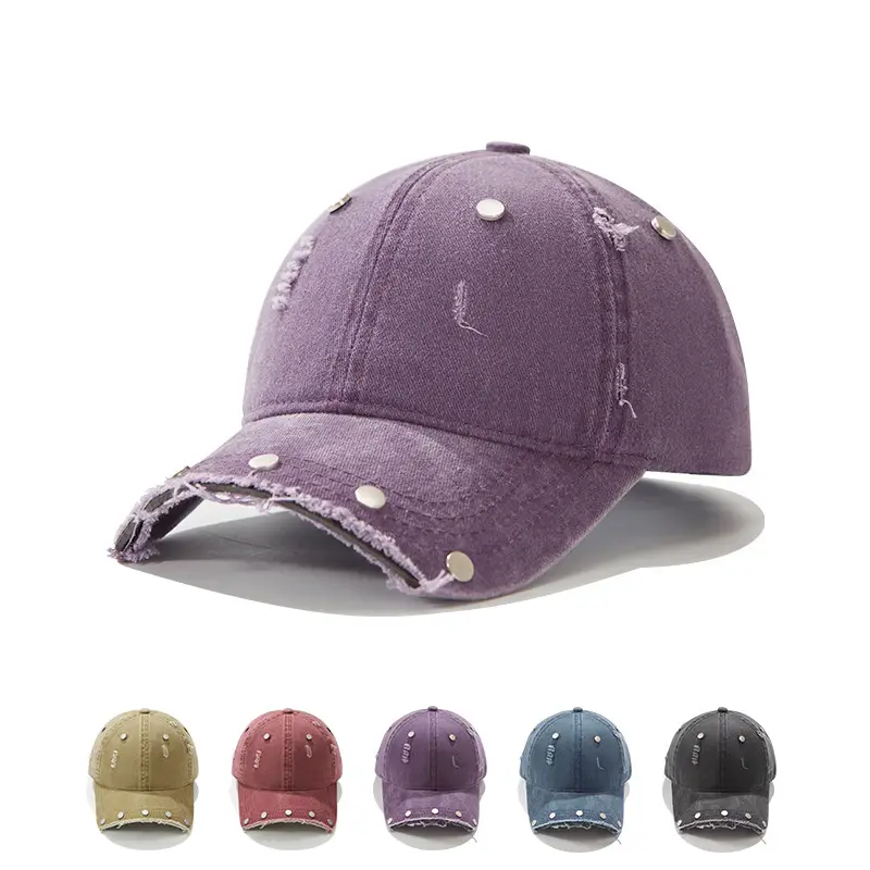 Purple Distressed Brim Baseball Cap with Rivets - Image 7