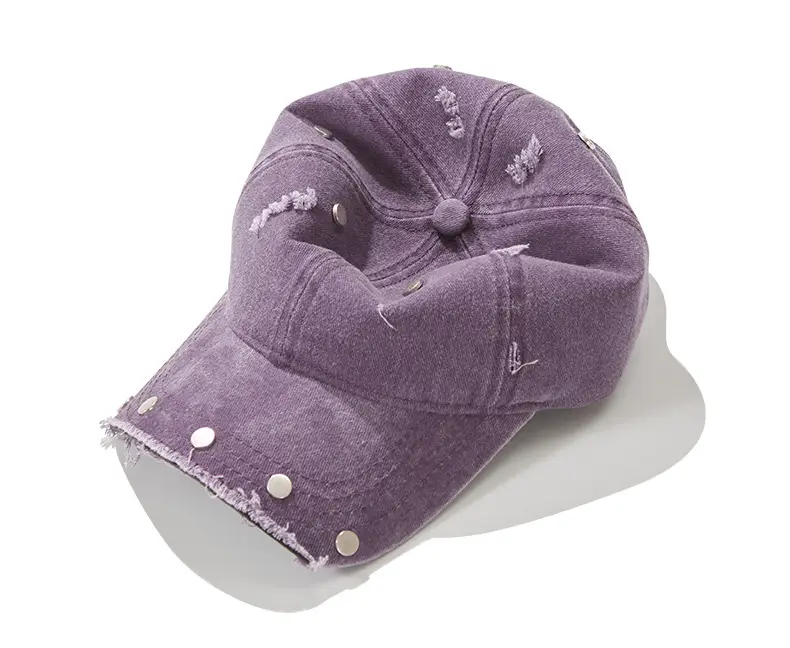 Purple Distressed Brim Baseball Cap with Rivets — feature 10