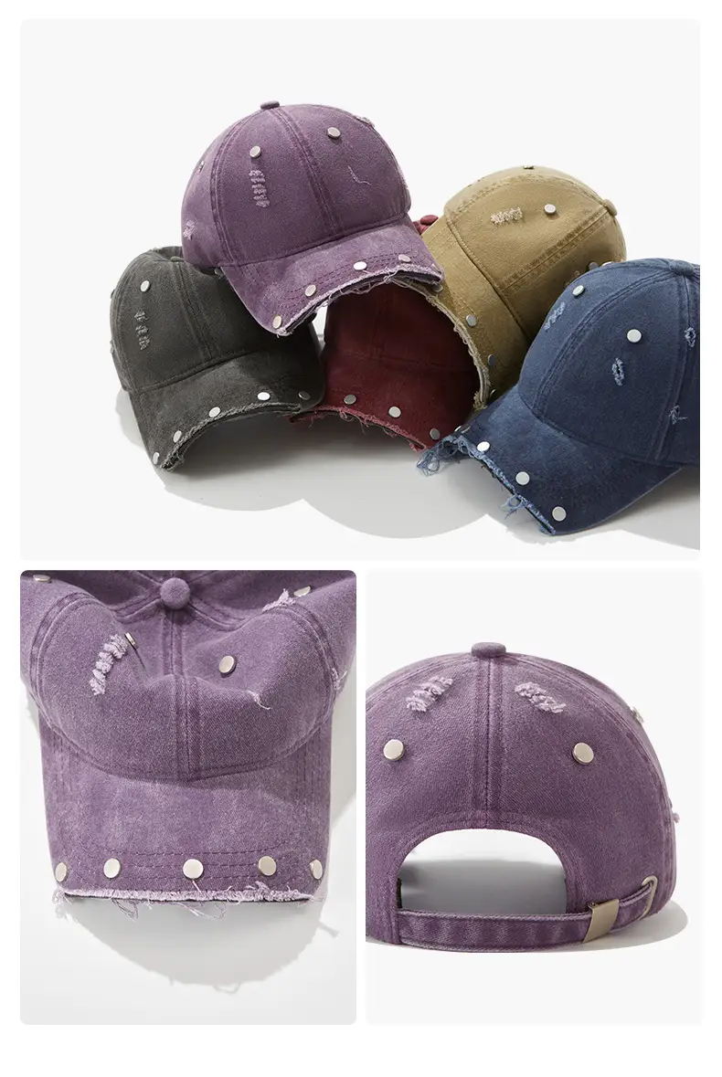 Purple Distressed Brim Baseball Cap with Rivets — feature 5