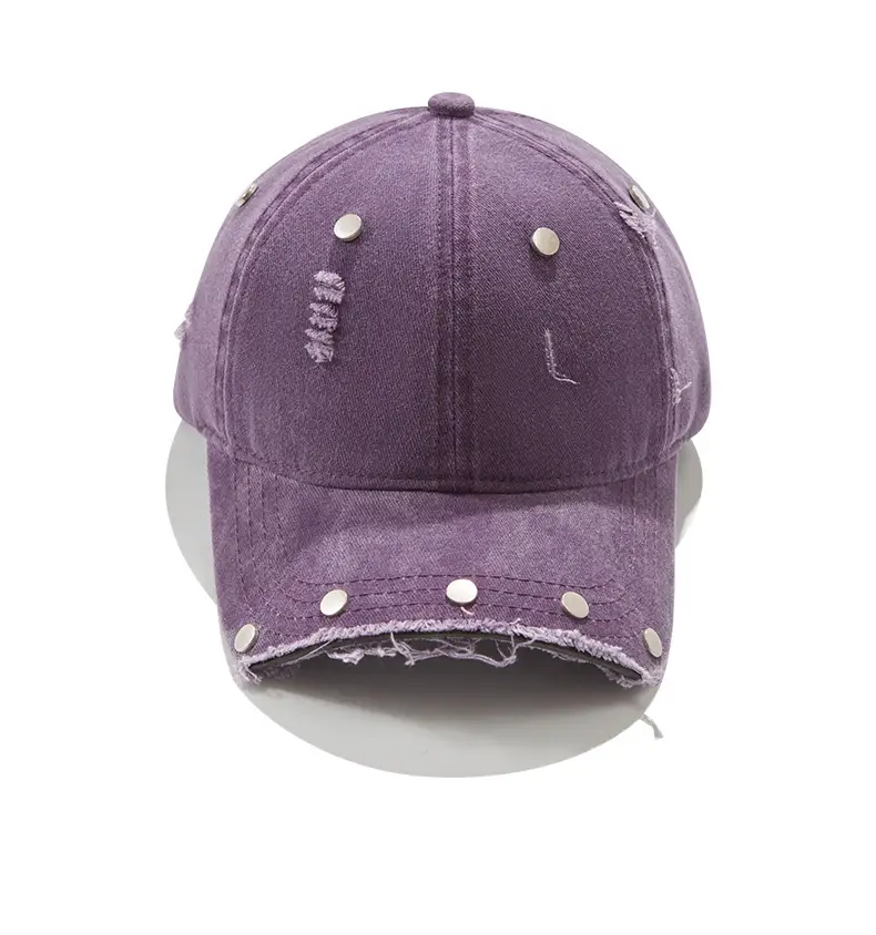 Purple Distressed Brim Baseball Cap with Rivets — feature 8