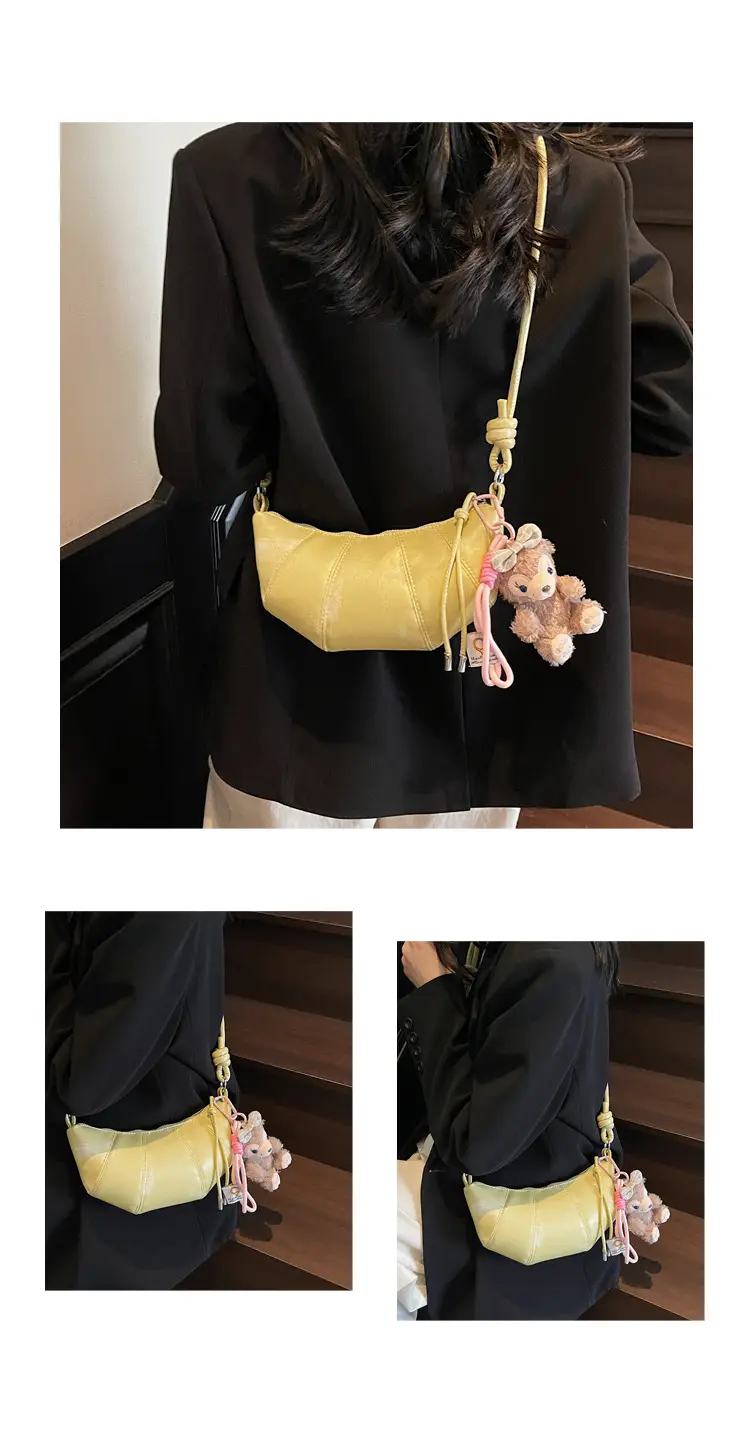 Women's Yellow Leather Shoulder Bag with Doll Keychain — feature 11