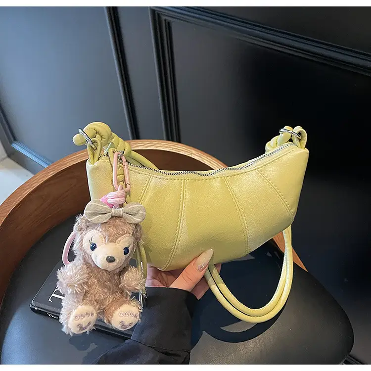 Women's Yellow Leather Shoulder Bag with Doll Keychain — feature 17