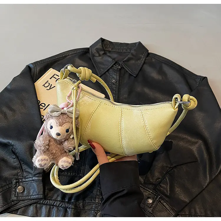 Women's Yellow Leather Shoulder Bag with Doll Keychain — feature 18