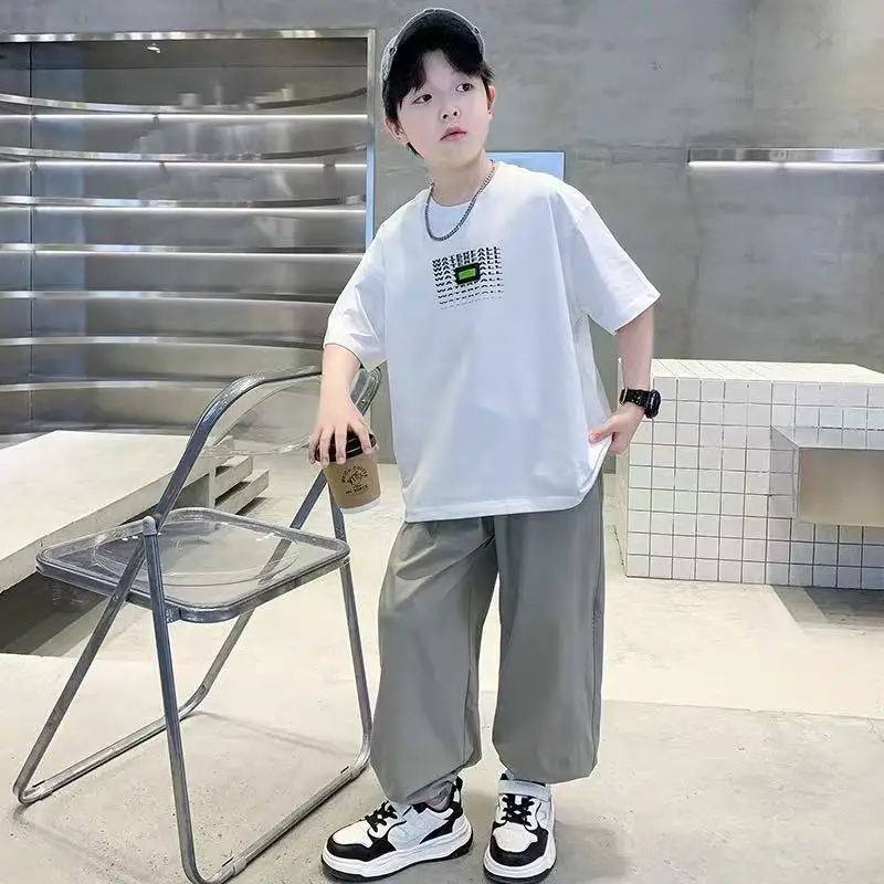 Children Cotton Printed T-Shirt White Grey Pants - Image 4