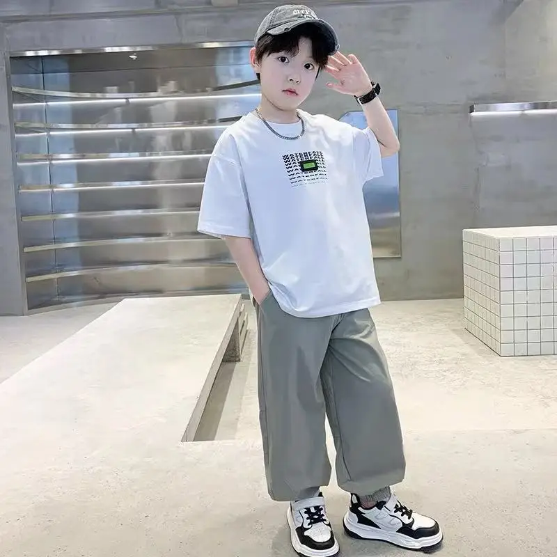 Children Cotton Printed T-Shirt White Grey Pants - Image 5