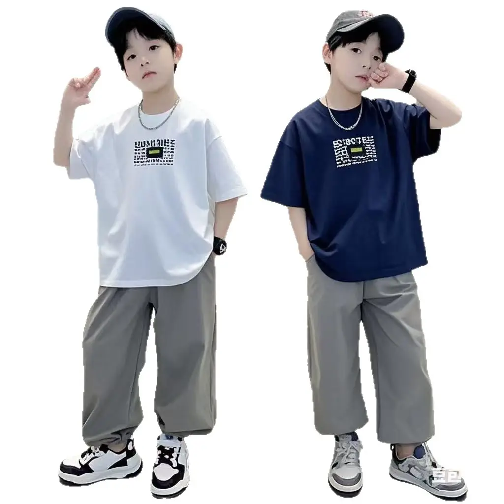 Children Cotton Printed T-Shirt White Grey Pants - Image 6