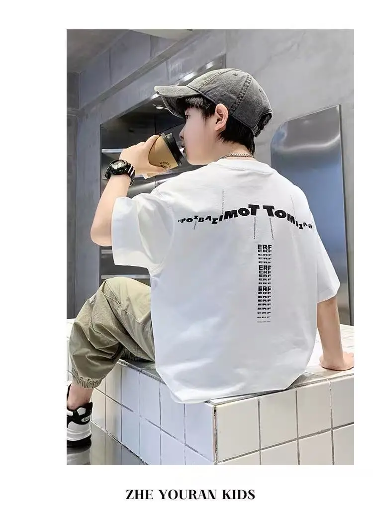 Children Cotton Printed T-Shirt White Grey Pants — feature 3