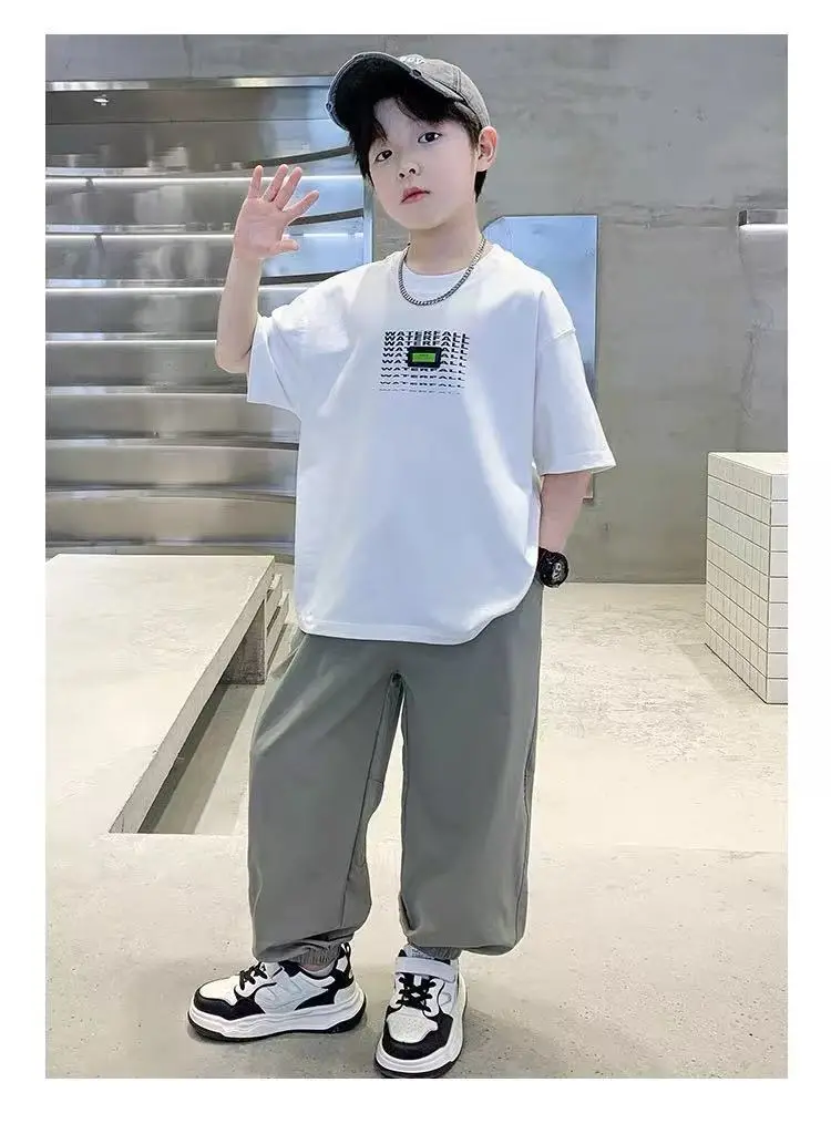 Children Cotton Printed T-Shirt White Grey Pants — feature 5