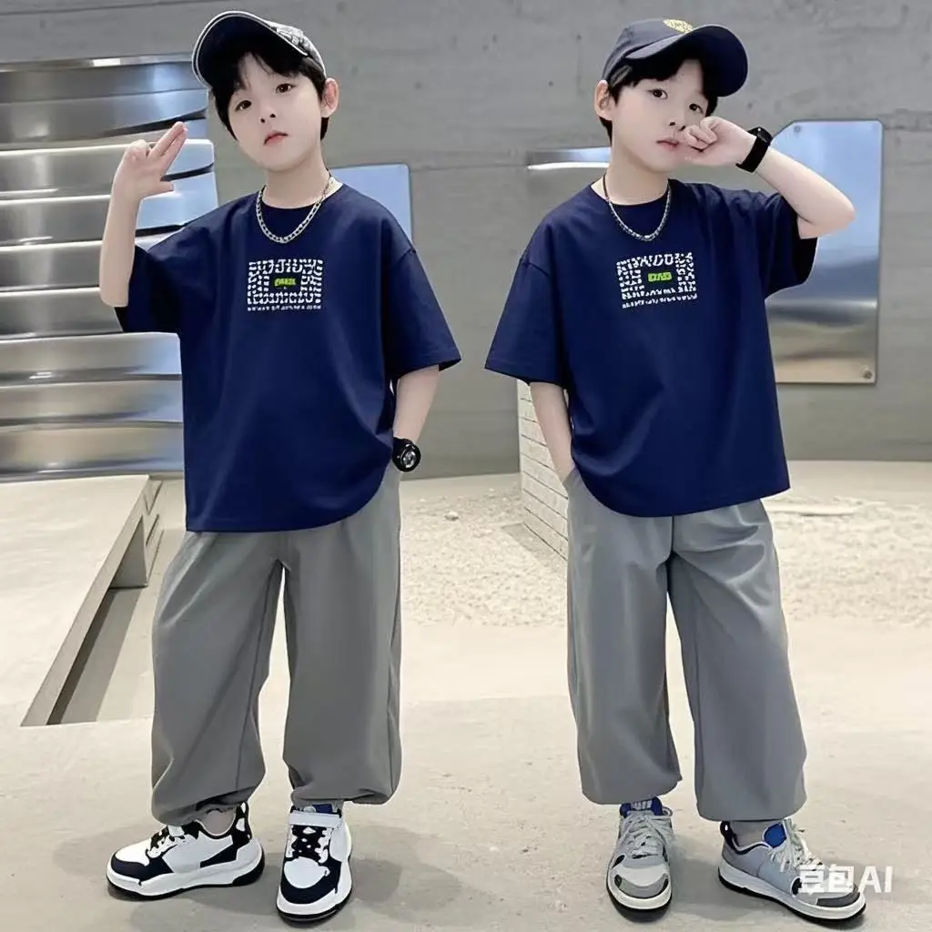 Children Cotton Printed T-Shirt White Grey Pants - Image 2