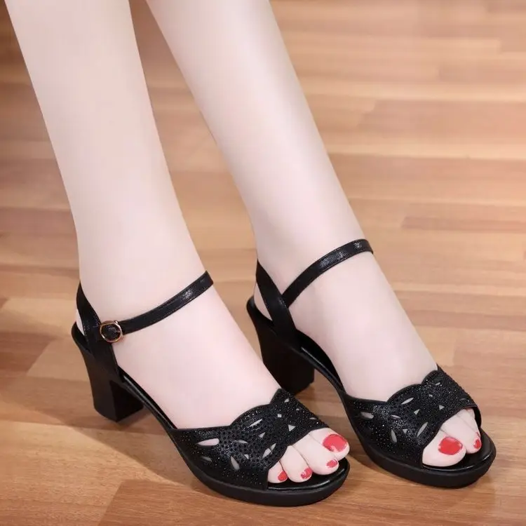 2025 New Thick Heel Sandals Women's Summer Fish Mouth Women's Shoes Sexy High Heels Women's Black Mom's Shoes Women's Medium Heels — feature 11