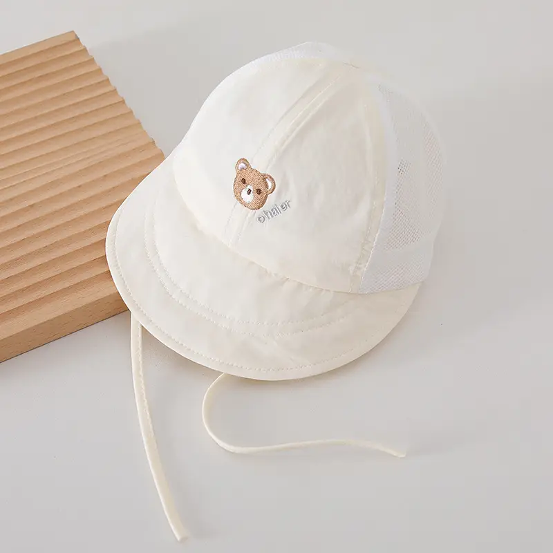 Baby White Beanie Hat with Bear Embroidery - Image 2