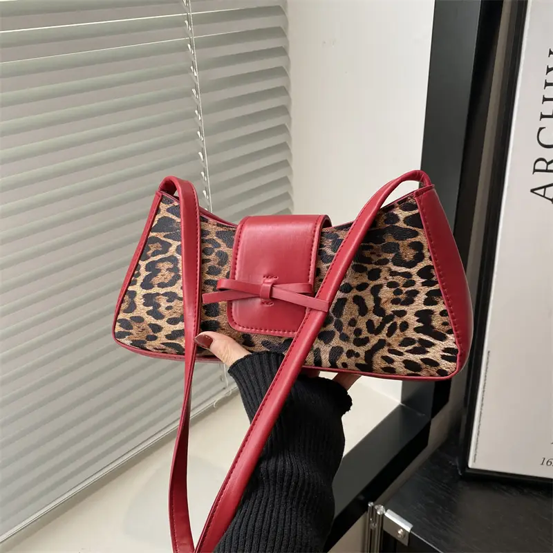 Women Leopard Print Shoulder Bag Red Bowknot 2025 - Image 5