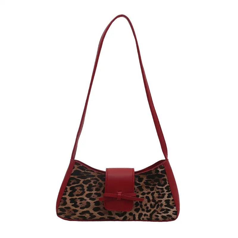 Women Leopard Print Shoulder Bag Red Bowknot 2025 - Image 2