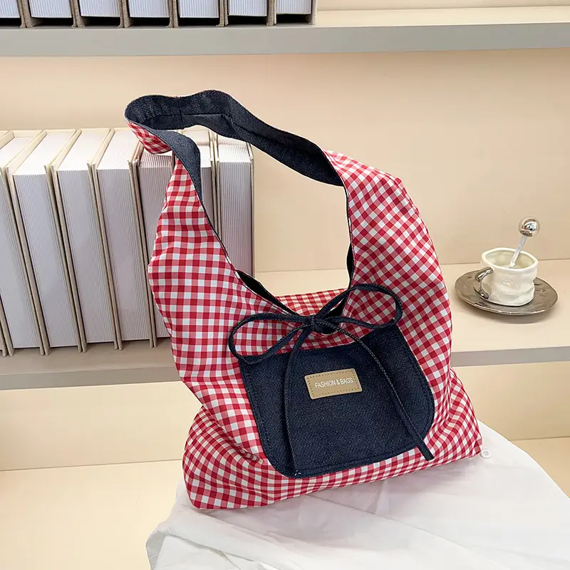 Red Checkered Casual Shoulder Bag with Black Zipper - Image 5