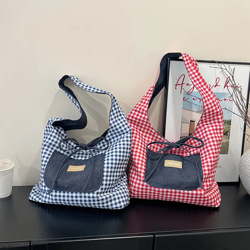Red Checkered Casual Shoulder Bag with Black Zipper - Image 8