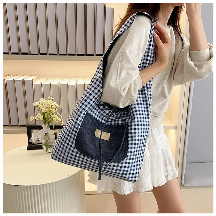 Red Checkered Casual Shoulder Bag with Black Zipper — feature 13