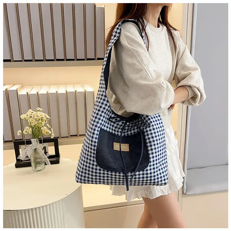 Red Checkered Casual Shoulder Bag with Black Zipper — feature 14
