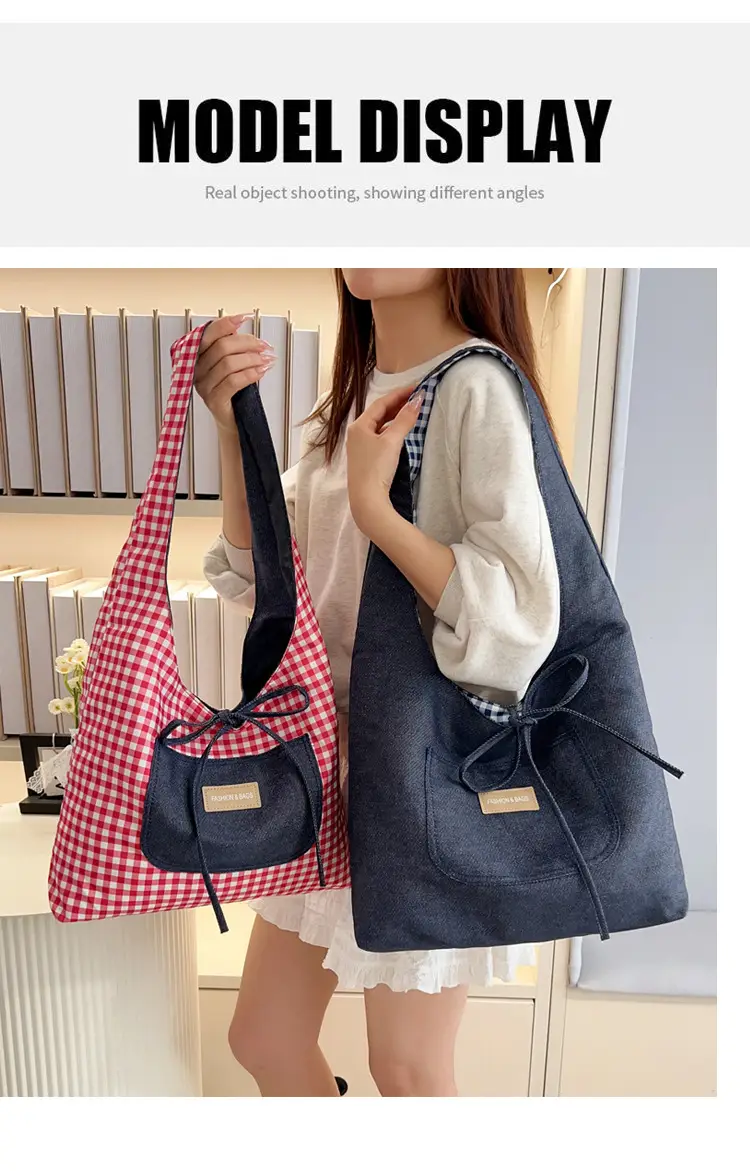 Red Checkered Casual Shoulder Bag with Black Zipper — feature 2