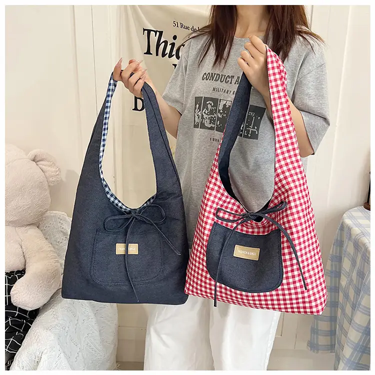 Red Checkered Casual Shoulder Bag with Black Zipper — feature 20