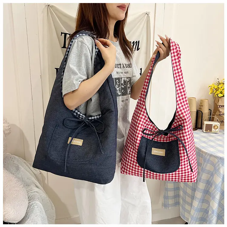 Red Checkered Casual Shoulder Bag with Black Zipper — feature 21