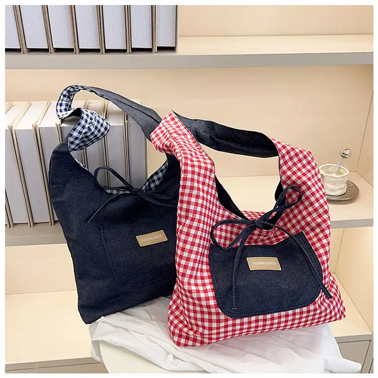 Red Checkered Casual Shoulder Bag with Black Zipper — feature 32