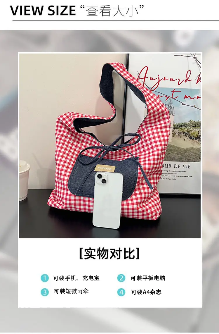 Red Checkered Casual Shoulder Bag with Black Zipper — feature 5