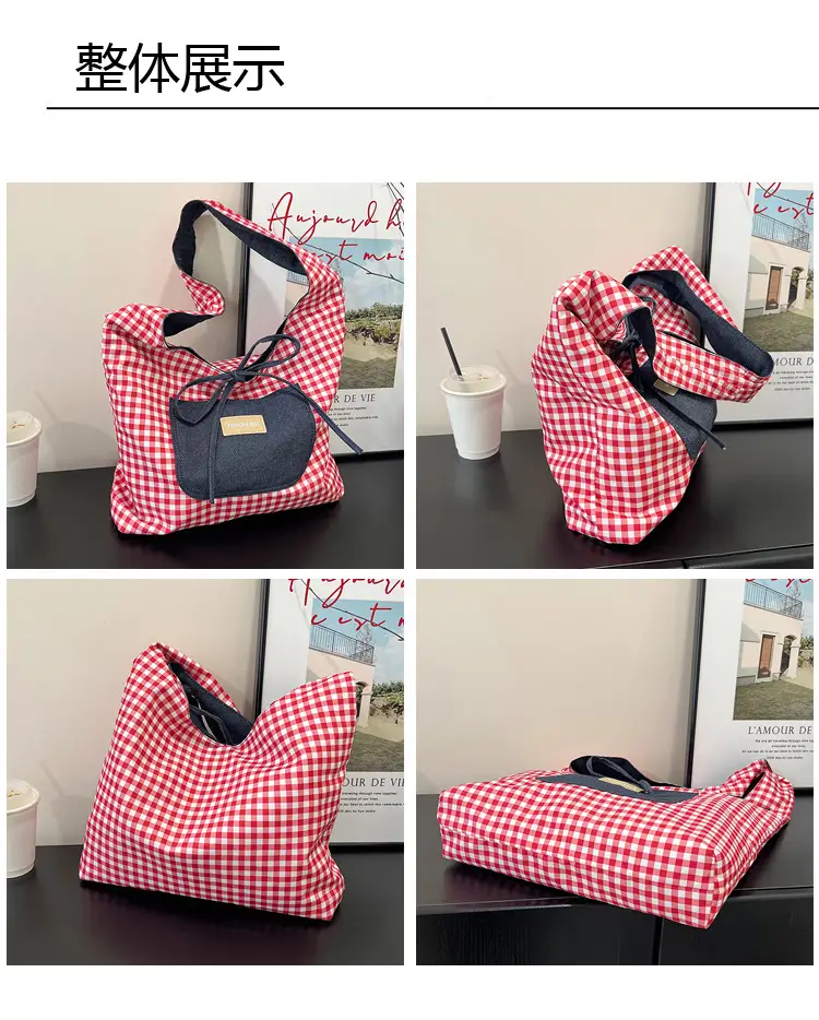 Red Checkered Casual Shoulder Bag with Black Zipper — feature 6
