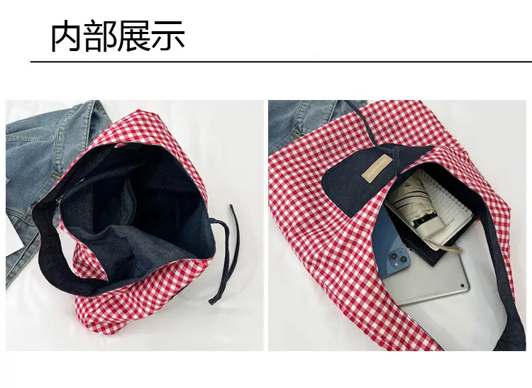 Red Checkered Casual Shoulder Bag with Black Zipper — feature 7