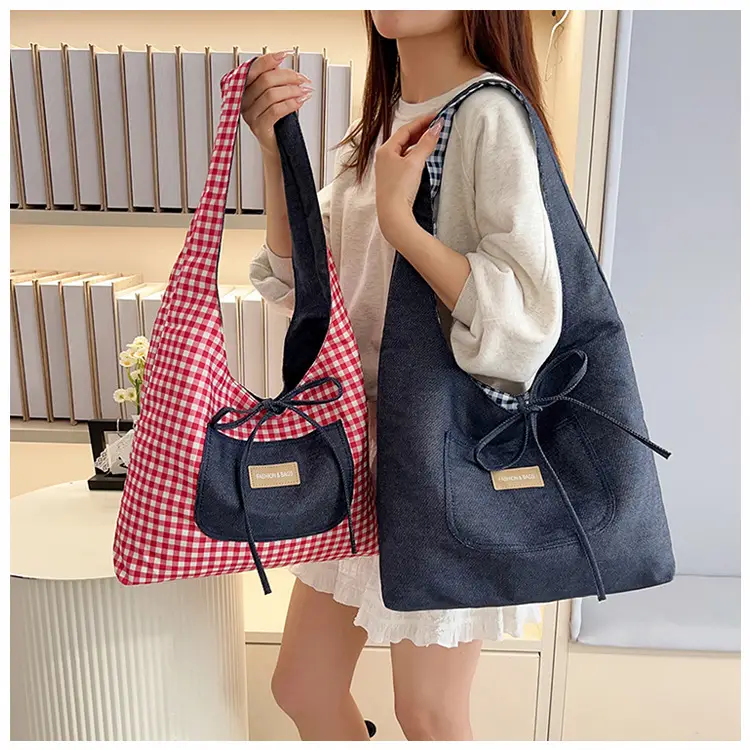 Red Checkered Casual Shoulder Bag with Black Zipper — feature 9