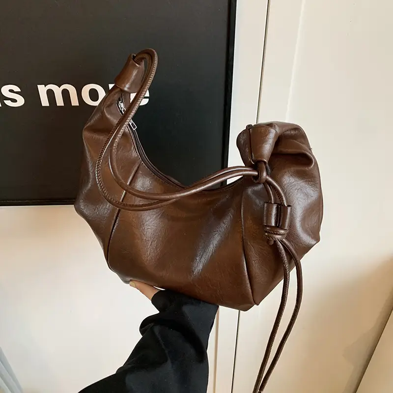 Brown Leather Pouch Bag with Drawstring Closure - Image 5