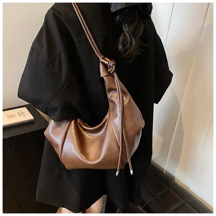 Brown Leather Pouch Bag with Drawstring Closure — feature 25