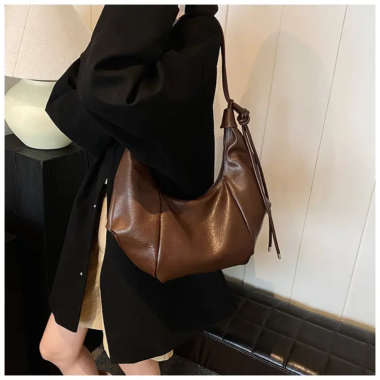 Brown Leather Pouch Bag with Drawstring Closure — feature 26