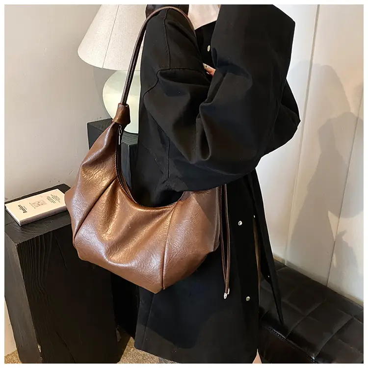 Brown Leather Pouch Bag with Drawstring Closure — feature 28