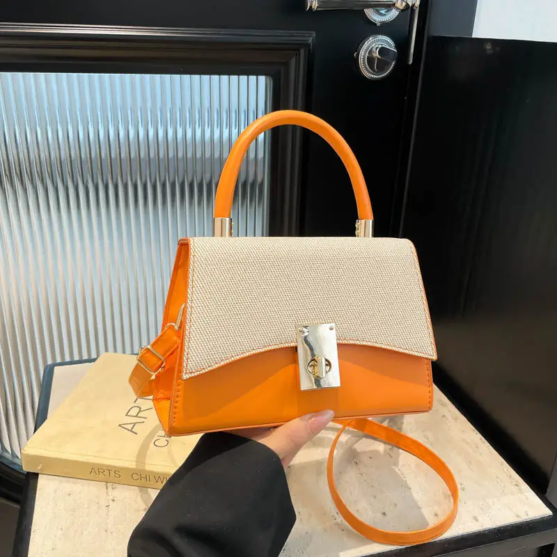 Orange & Beige Square Handbag with Lock Buckle