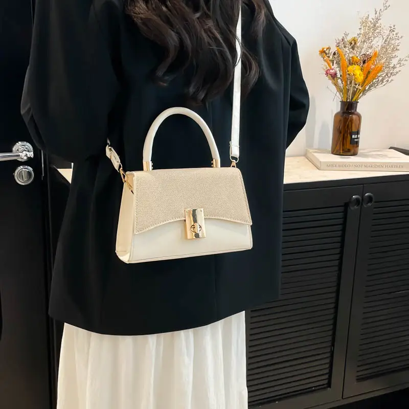 Orange & Beige Square Handbag with Lock Buckle