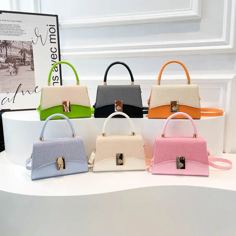Orange & Beige Square Handbag with Lock Buckle