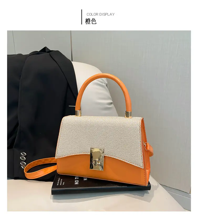 Orange & Beige Square Handbag with Lock Buckle — feature 14