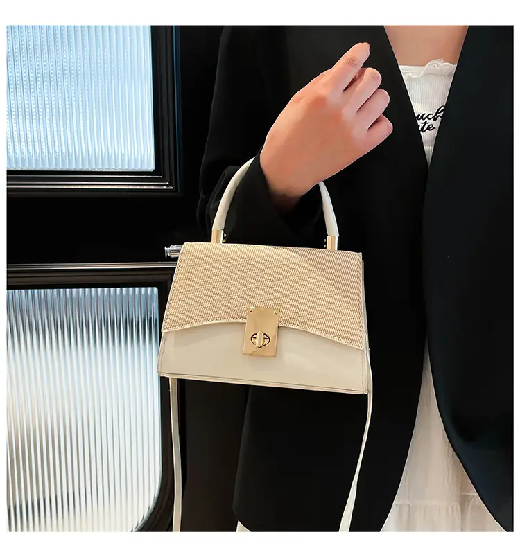 Orange & Beige Square Handbag with Lock Buckle — feature 17