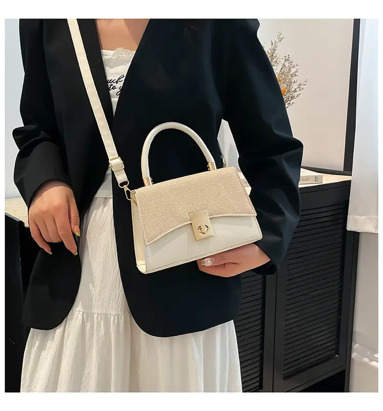 Orange & Beige Square Handbag with Lock Buckle — feature 18
